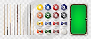 Billiard balls with numbers, various cues and green pool table. Glossy snooker ball. Sports equipment, recreation and