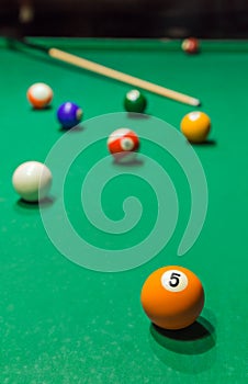 Billiard balls on pool green table