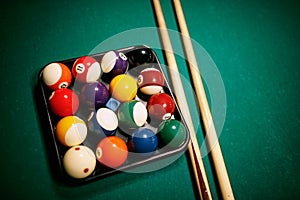 Billiard balls pool on green table