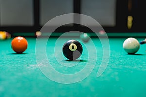 Billiard balls in a pool table.