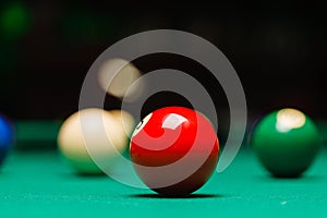 Billiard balls in a pool table.