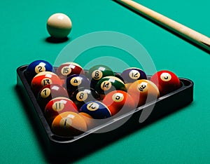 Billiard balls in a pool table.