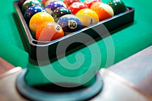 Billiard balls in a pool table