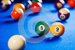 Billiard balls in a pool table