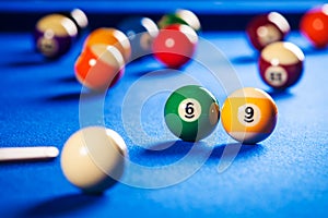 Billiard balls in a pool table