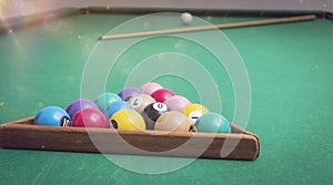 Billiard Balls in a pool table.