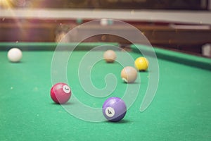 Billiard Balls, in a pool table.