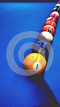 Billiard balls on a pool table, closeup