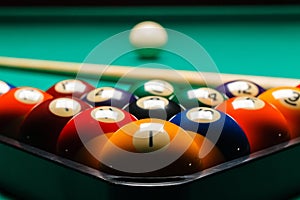 Billiard balls in a pool table. photo