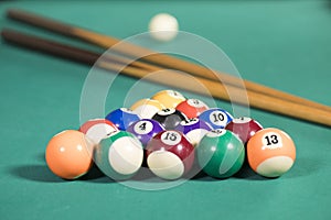 Billiard balls and sticks on the pool table