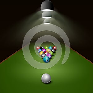 Billiard balls on table vector with light. Billiard game sport competition leisure illustration