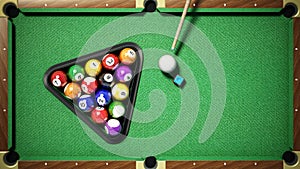 Billiard balls, triangle, chalk and cue on pool table. 3D illustration