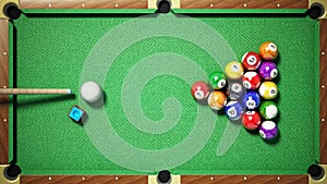 Billiard balls, triangle, chalk and cue on pool table. 3D illustration