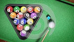 Billiard balls, triangle, chalk and cue on pool table. 3D illustration