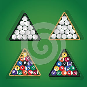 Billiard balls in triangle on green pool table top view. White and colorful pool balls in triangle for billiard game.
