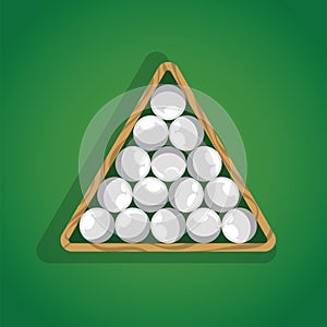 Billiard balls in triangle on green pool table top view. White pool balls in triangle for billiard game.