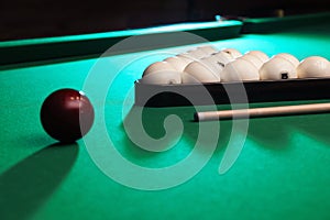 Billiard balls, triangle rack and cue
