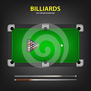 Billiard balls in triangle and two cues on a pool table.