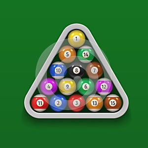 Billiard balls in wooden triangle rack on green cloth surface realistic illustration.