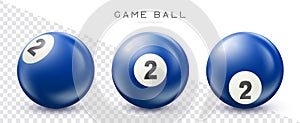 Billiard, blue pool ball with number 2 Snooker or lottery ball on transparent background Vector illustration