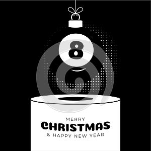 Billiard Christmas bauble pedestal. Merry Christmas sport greeting card. Hang on a thread billiard ball as a xmas ball on white