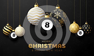 Billiard Christmas card. Merry Christmas sport greeting card. Hang on a thread billiard ball as a xmas ball and golden bauble on