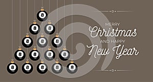 Billiard Christmas and new year greeting card bauble tree. Creative Xmas tree made by billiard ball on black background for