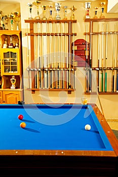 Billiard club with blue pool table cue and trophy