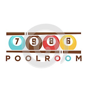 Billiard club poolroom vector label template of pool cues and balls