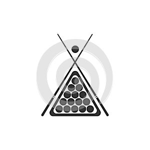 Billiard cue and balls in a rack triangle icon isolated. Flat design photo
