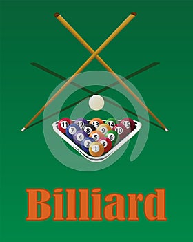 Billiard cue and pool balls on green table