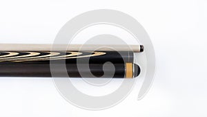 Billiard cues on a white background. Parts of a billiard cue close-up. Live photos of a billiard cue