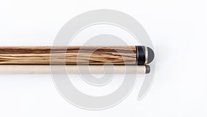 Billiard cues on a white background. Parts of a billiard cue close-up. Live photos of a billiard cue