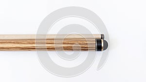 Billiard cues on a white background. Parts of a billiard cue close-up. Live photos of a billiard cue