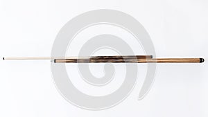 Billiard cues on a white background. Parts of a billiard cue close-up. Live photos of a billiard cue