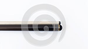 Billiard cues on a white background. Parts of a billiard cue close-up. Live photos of a billiard cue