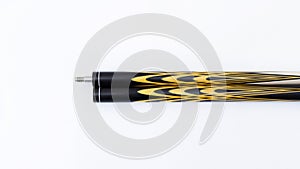 Billiard cues on a white background. Parts of a billiard cue close-up. Live photos of a billiard cue