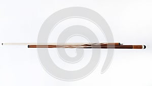 Billiard cues on a white background. Parts of a billiard cue close-up. Live photos of a billiard cue