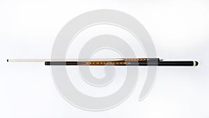 Billiard cues on a white background. Parts of a billiard cue close-up. Live photos of a billiard cue