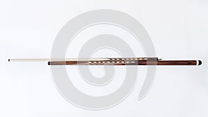 Billiard cues on a white background. Parts of a billiard cue close-up. Live photos of a billiard cue