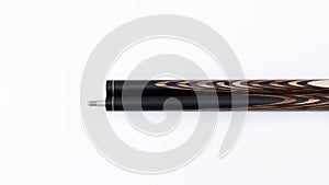 Billiard cues on a white background. Parts of a billiard cue close-up. Live photos of a billiard cue. The Art of Billiards in