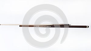 Billiard cues on a white background. Parts of a billiard cue close-up. Live photos of a billiard cue. The Art of Billiards in