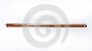 Billiard cues on a white background. Parts of a billiard cue close-up. Live photos of a billiard cue. The Art of Billiards in