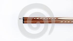 Billiard cues on a white background. Parts of a billiard cue close-up. Live photos of a billiard cue. The Art of Billiards in