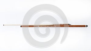 Billiard cues on a white background. Parts of a billiard cue close-up. Live photos of a billiard cue. The Art of Billiards in