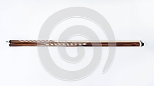 Billiard cues on a white background. Parts of a billiard cue close-up. Live photos of a billiard cue. The Art of Billiards in