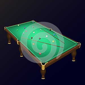 Billiard game balls position on a realistic pool table with cues.