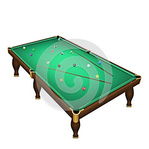 Billiard game balls position on a realistic pool table with cues.