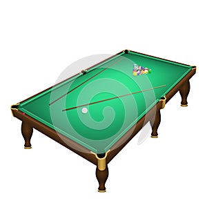 Billiard game balls start position on a realistic pool table.