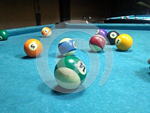 Billiard game on pool table